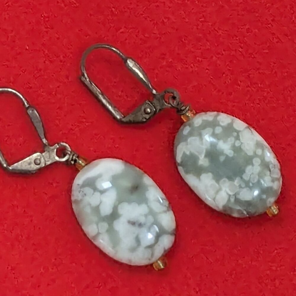 Boho Sage Green Snowflake Jasper Oval Drop Leverback Earrings & Peridot Accents